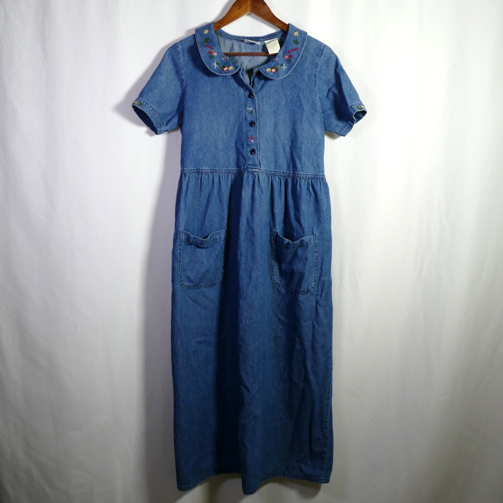 VTG Bobbie Brooks Cottagecore Embroidered Denim Midi Dress Size S Garden Floral